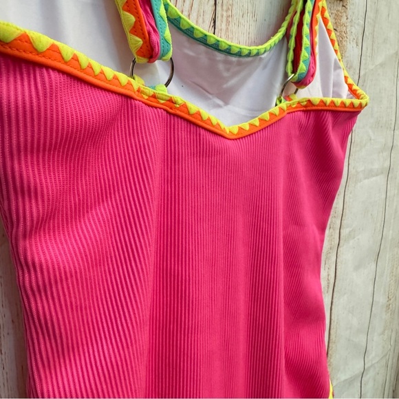 Neon Pink One-Piece Swimsuit with Colorful Trim Sz L​ - Picture 6 of 8